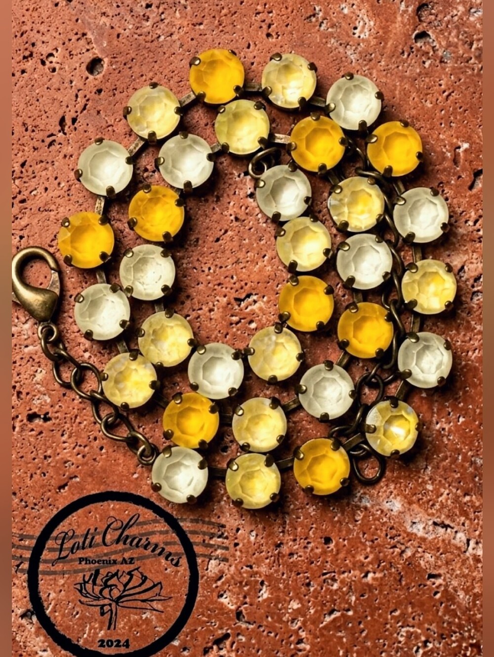 Yellow Pastel in Premium Austrian Crystal in Classic Tennis Necklace in Brass
